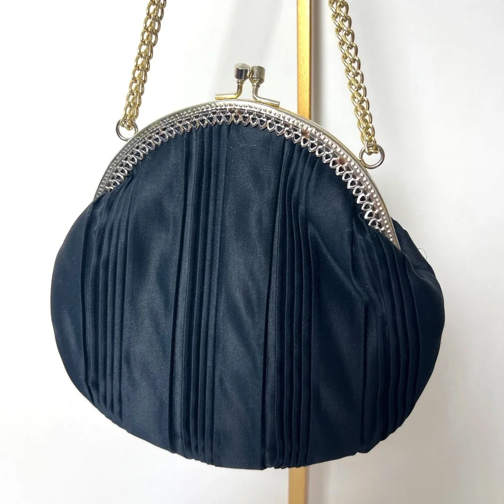 Vintage Black Pleated Satin Evening Clutch Handbag Chain Strap Kiss Lock Clasp‎